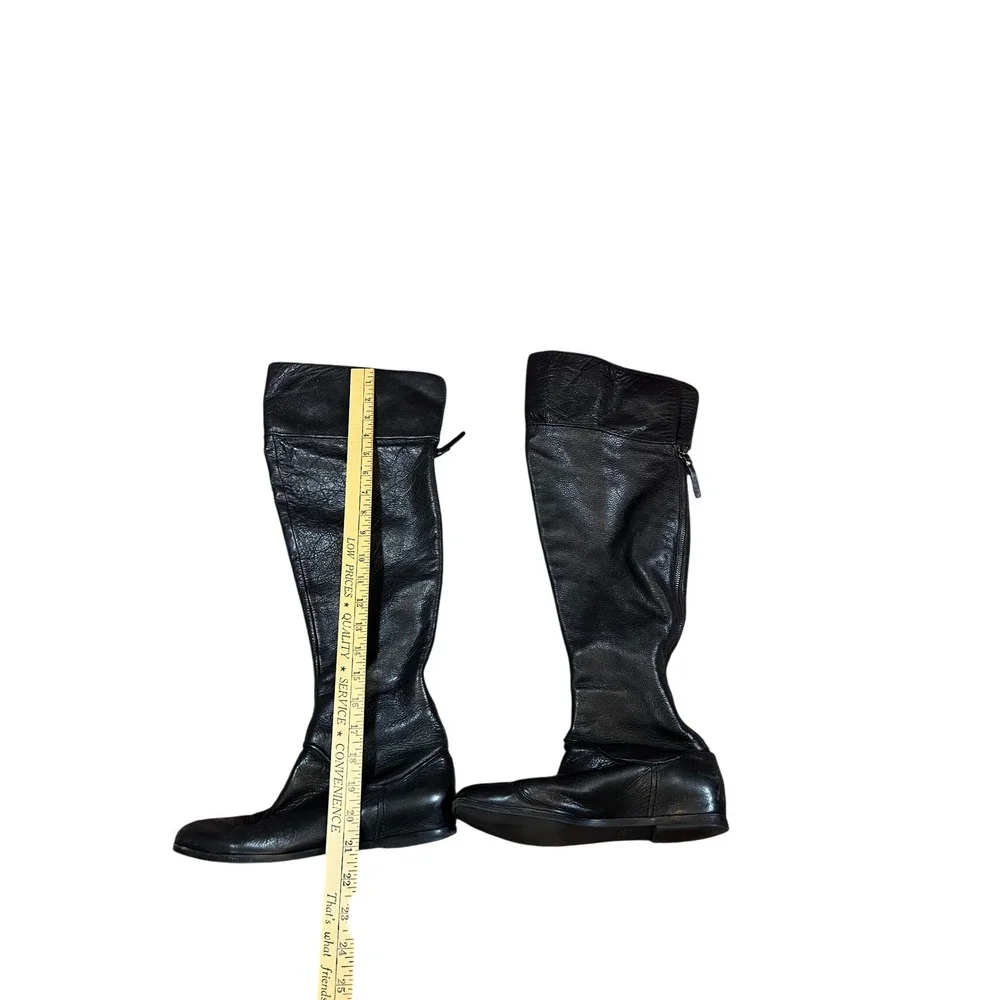 Via Spiga Black Leather Knee High Boots Zip Back Wedge‎ Heel Womens Size 8